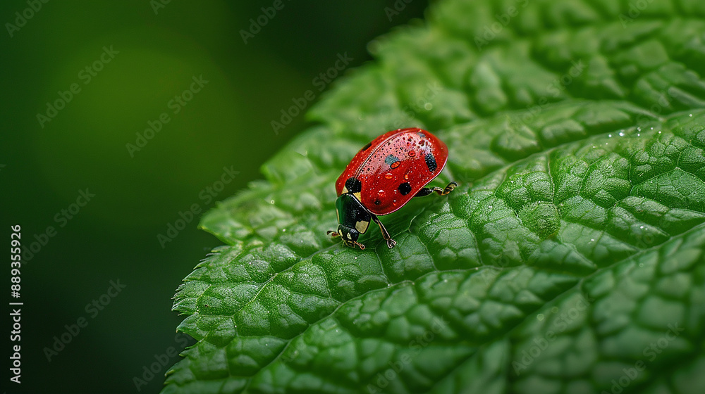 Fototapeta premium A close-up of a ladybug with bright red wings and distinctive black spots, moving along a moss-covered branch, surrounded by the lush greens of the forest.