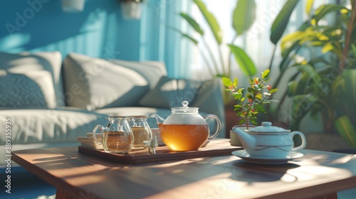 Wallpaper Mural Cozy tea break setting with a glass teapot and cups on a round wooden coffee table, next to a comfortable sofa against a blue wall backdrop Torontodigital.ca
