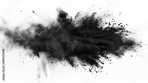 Floating black dust and powder scattered on white background.