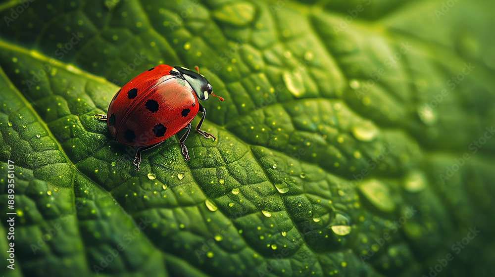 Fototapeta premium A close-up of a ladybug with bright red wings and distinctive black spots, moving along a moss-covered branch, surrounded by the lush greens of the forest.