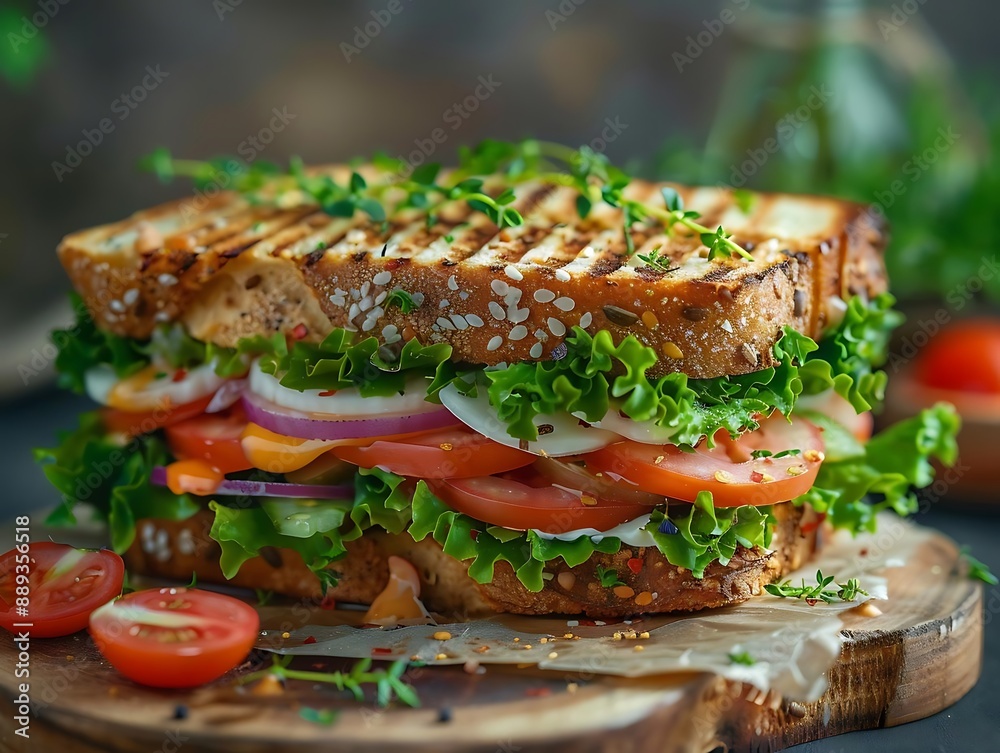 Grilled Veggie Sandwich with Tomatoes, Lettuce, and Onions - Food Photography Grilled Veggie Sandwich with Tomatoes, Lettuce, and Onions - Food Photography