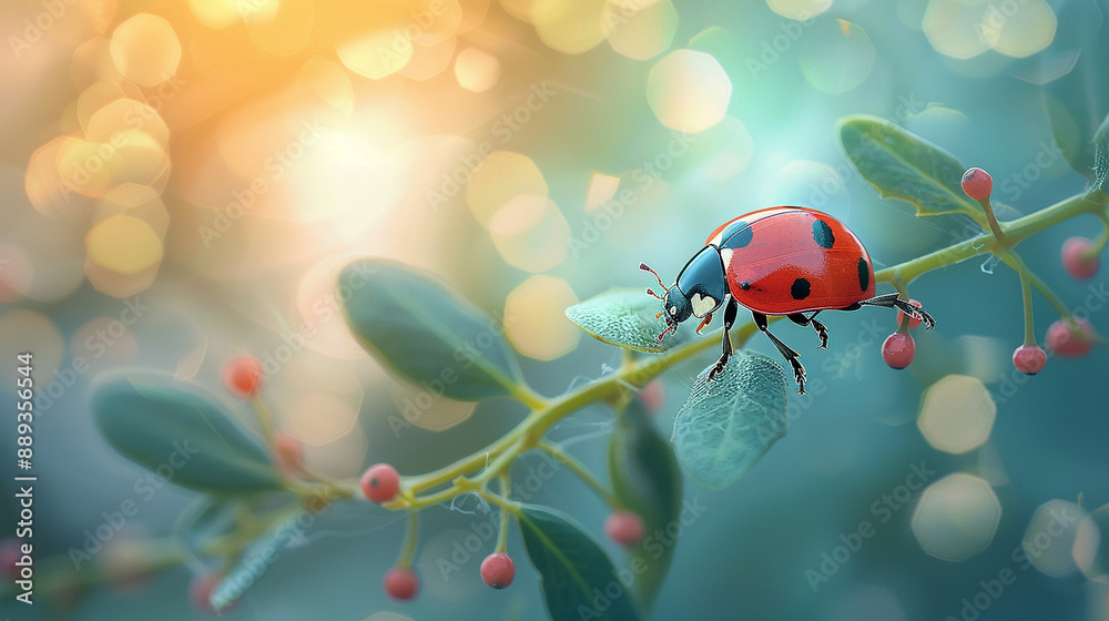 Fototapeta premium A close-up of a ladybug with bright red wings and distinctive black spots, moving along a moss-covered branch, surrounded by the lush greens of the forest.