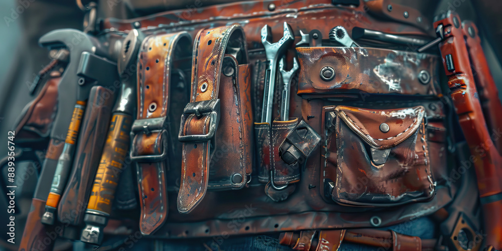 A handyman's tool belt, fully equipped with wrenches, hammers, and screwdrivers, ready for any task A handyman's tool belt, fully equipped with wrenches, hammers, and screwdrivers, ready for any task