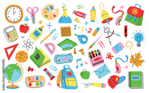 Set of school stationery and art supplies. Back to school. Vector flat illustration in hand drawn style.