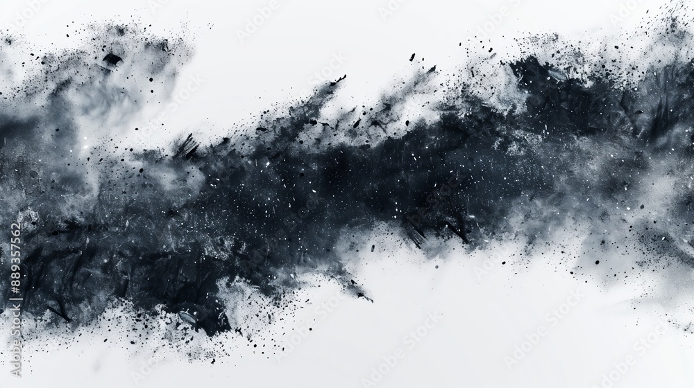 Floating black dust and powder scattered on white background. Floating black dust and powder scattered on white background.