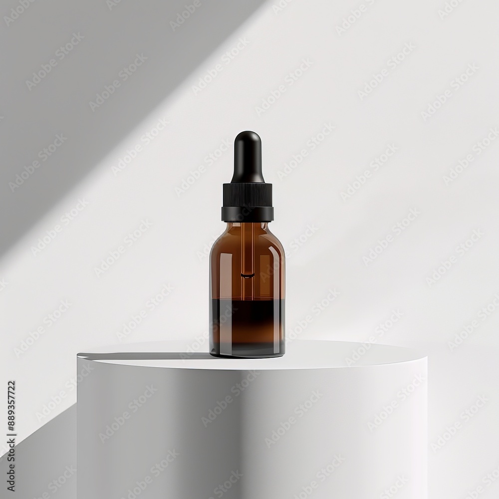 Minimalist amber glass dropper bottle mockup on white podium with shadow Minimalist amber glass dropper bottle mockup on white podium with shadow