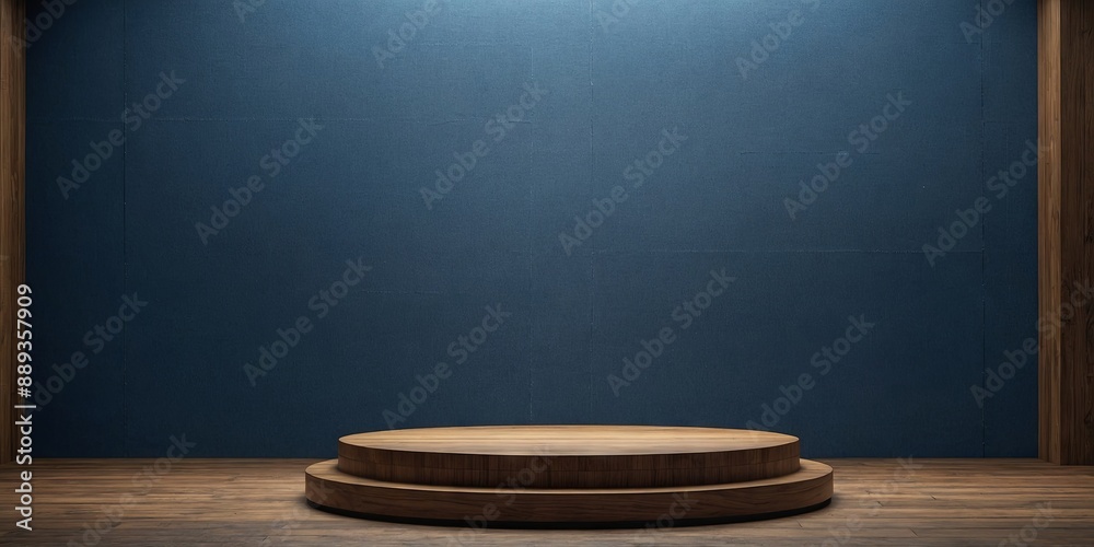 The Denim Blue background with a wooden podium On top of the wooden podium, small podiums add a minimal touch to the product display. AI generated. The Denim Blue background with a wooden podium On top of the wooden podium, small podiums add a minimal touch to the product display. AI generated.