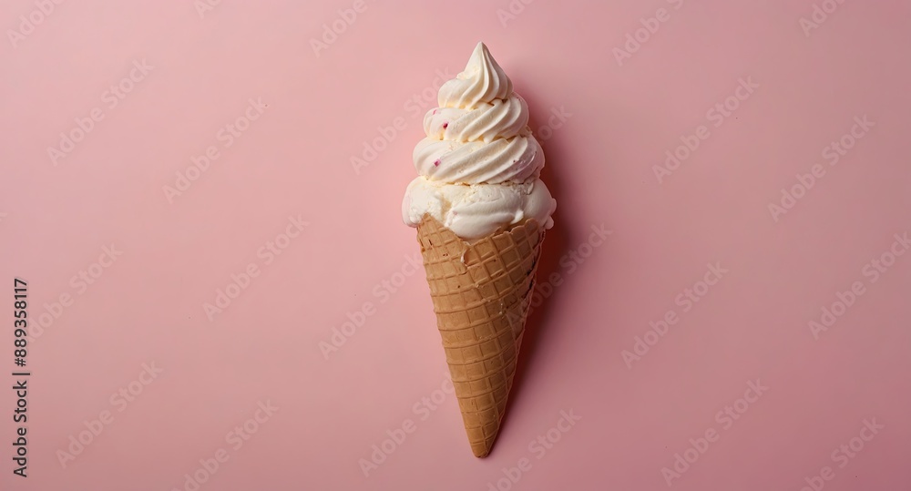 Top view ice cream cone on pastel pink background, Flat lay Minimal fashion summer holiday vacation concept. Top view ice cream cone on pastel pink background, Flat lay Minimal fashion summer holiday vacation concept.