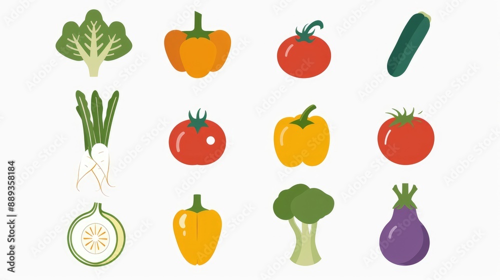 Modern vegetable icons set of 9, symmetrically arranged on white background Modern vegetable icons set of 9, symmetrically arranged on white background