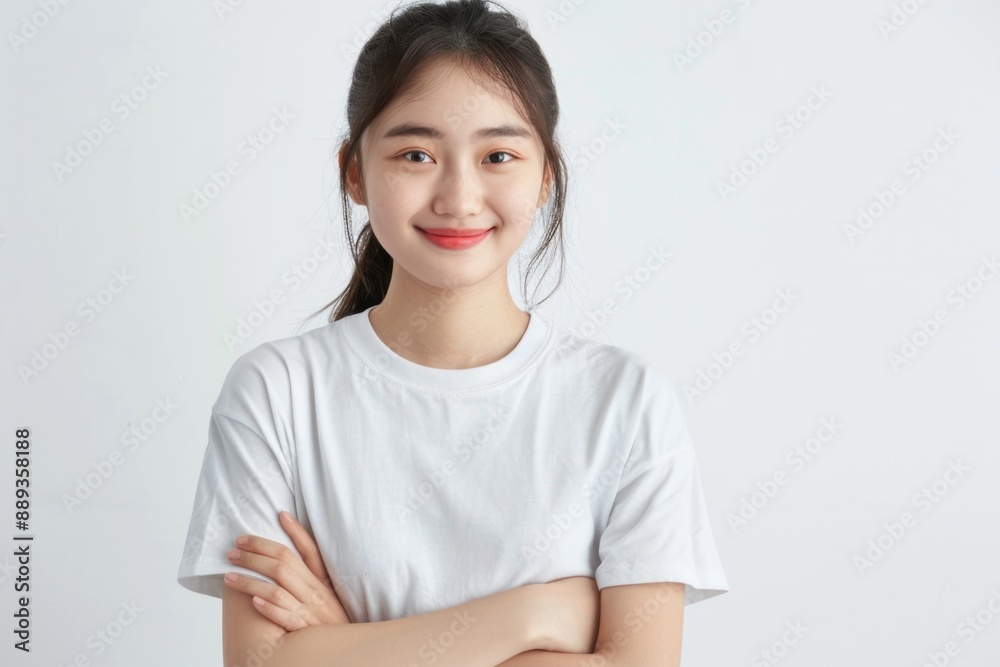 A woman wearing a white shirt has her arms crossed, giving a confident pose A woman wearing a white shirt has her arms crossed, giving a confident pose