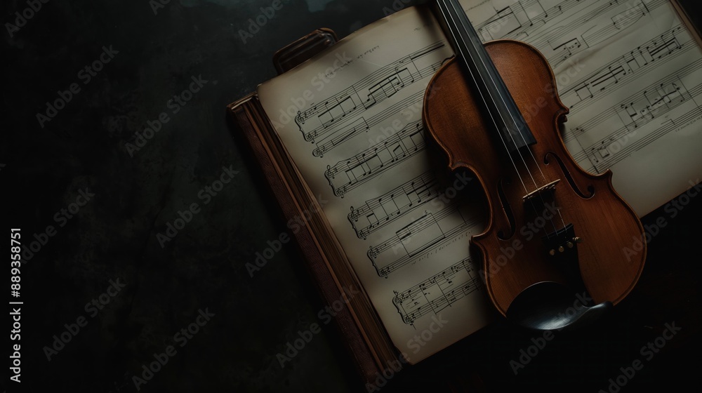 Fototapeta premium Violin on Wooden Table with Open Sheet Music.