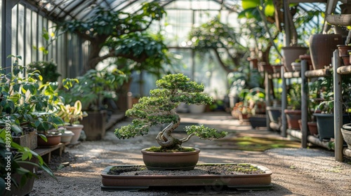 Stunning ficus bonsai tree with lush foliage in a tropical greenhouse photo