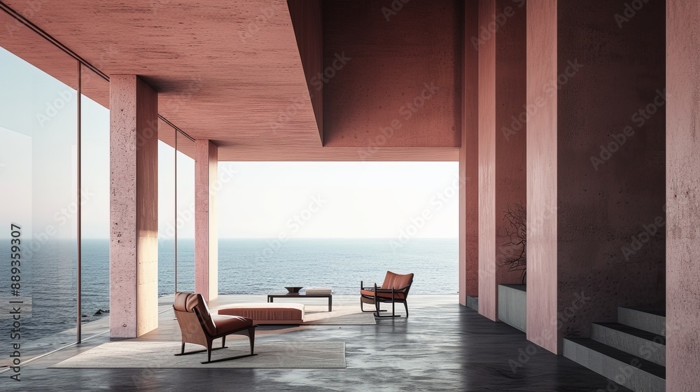 Minimalist living room with stunning ocean views Minimalist living room with stunning ocean views