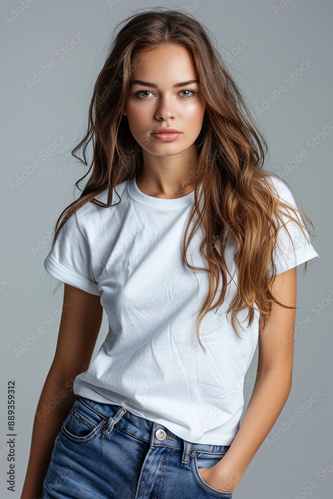 White tshirt mockup on woman model created with Generative AI White tshirt mockup on woman model created with Generative AI