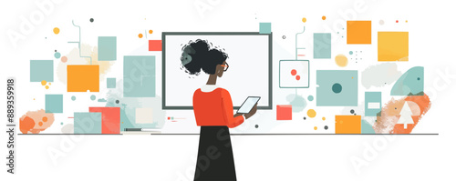 An instructional designer creating educational materials, using technology to enhance learning on a white background. Vector flat minimalistic isolated illustration.