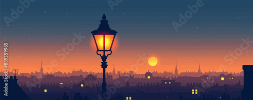 Old-fashioned street lamp with glowing bulb and pole Vector flat minimalistic isolated illustration