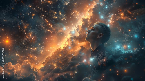 A man looks up at a vast, starry sky filled with clouds and glowing lights.