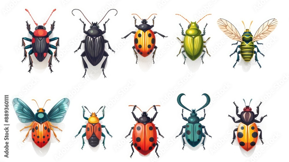 Nine cartoon insect icons symmetrically arranged on white background Nine cartoon insect icons symmetrically arranged on white background