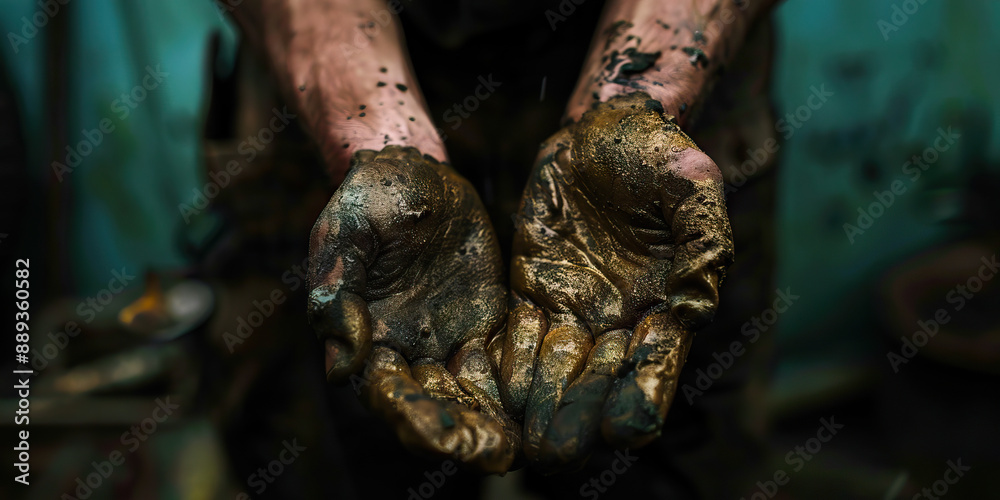 A mechanic's hands covered in grease and grime after a long day of work A mechanic's hands covered in grease and grime after a long day of work