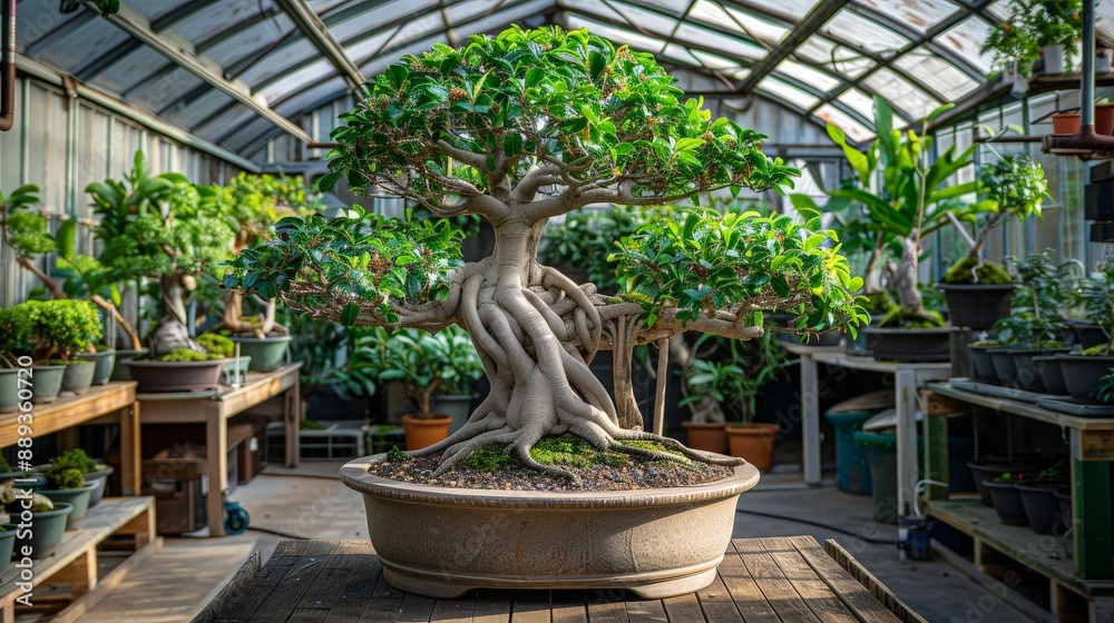 Stunning ficus bonsai tree with lush foliage in a tropical greenhouse Stunning ficus bonsai tree with lush foliage in a tropical greenhouse