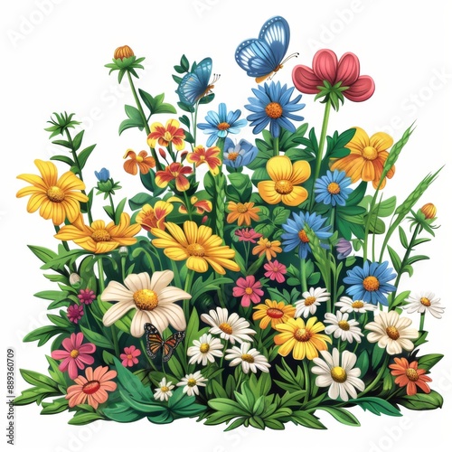 A butterfly-friendly flower garden, garden arrangement, cartoon style, vibrant colors, isolated on white background