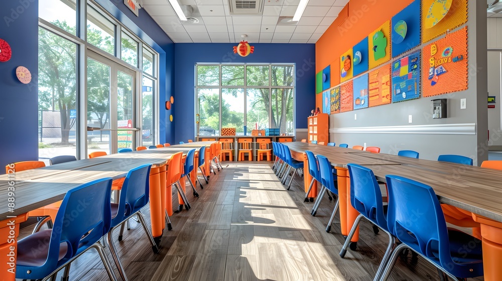 Fototapeta premium Modern elementary classroom, colorful plastic chairs, blue and orange seating, long wooden tables, vibrant educational posters, natural light, cheerful learning environment.