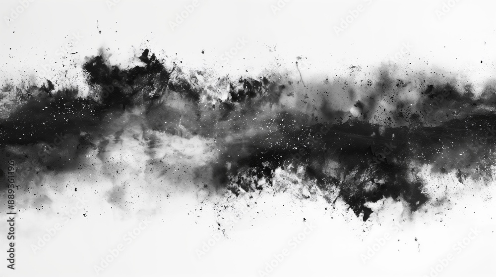 Floating black dust and powder scattered on white background. Floating black dust and powder scattered on white background.
