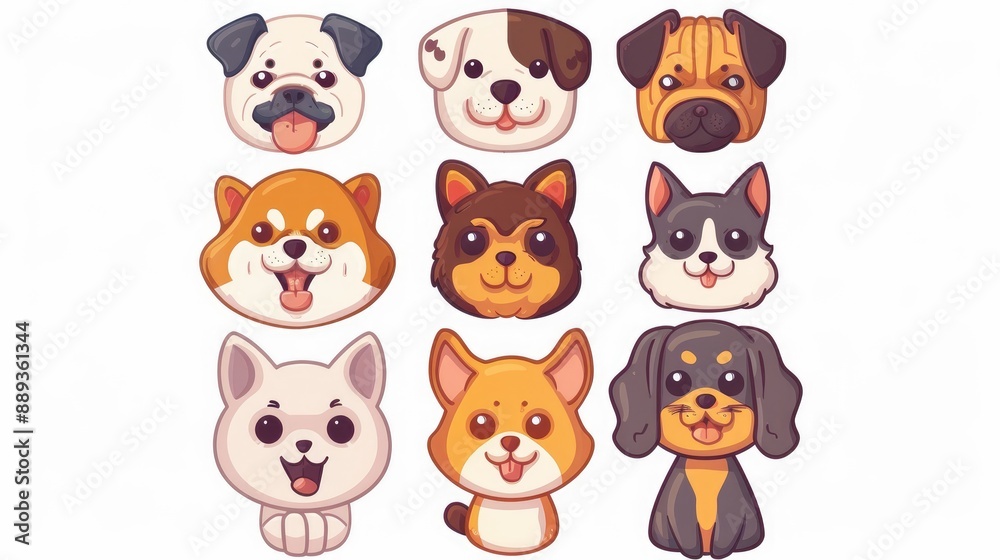 Fototapeta premium Nine cartoon pet icons symmetrically arranged on white background