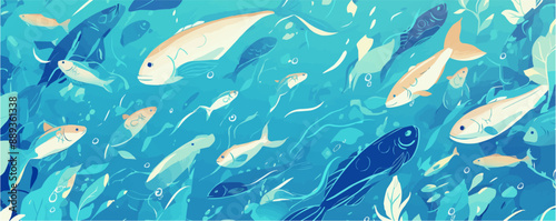 School of shimmering fish in crystal-clear waters. Vector flat minimalistic isolated illustration.