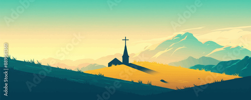 Produce a minimalist illustration of a church steeple with a cross, evoking the spiritual essence of Easter. Vector flat minimalistic isolated illustration.