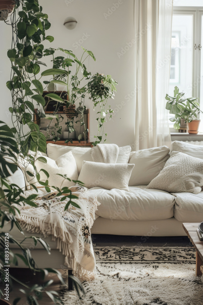 Naklejka premium Inviting Scandi-boho living room with a neutral color scheme, soft textiles, and a variety of indoor plants for a fresh, natural look