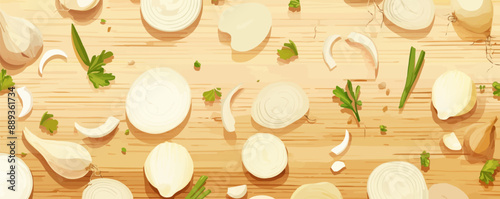 Sliced white onions on cutting board, Vector flat minimalistic isolated illustration