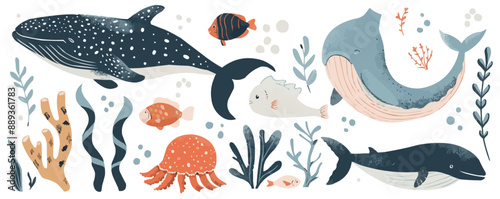 Underwater sea creatures bundle, Vector flat minimalistic isolated illustration