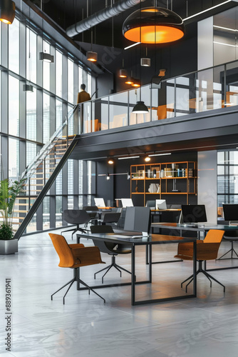 Modern office coworking interior with open spaces, sleek desks, and collaborative seating areas, designed for productivity and creativity