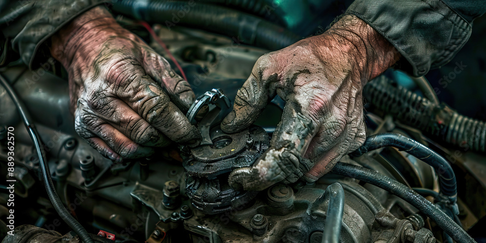 A mechanic’s hands inspecting an engine, diagnosing and fixing issues with skill A mechanic’s hands inspecting an engine, diagnosing and fixing issues with skill