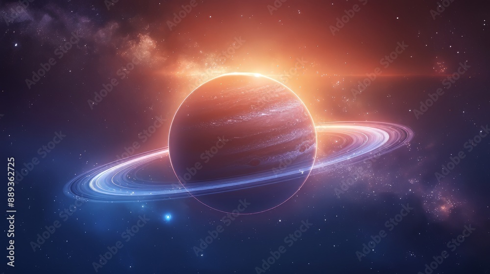 A planet with rings, seen from space, blue light in the background, illustration style, simple, dark blue and brown tones, high resolution, high quality, high detail, A planet with rings, seen from space, blue light in the background, illustration style, simple, dark blue and brown tones, high resolution, high quality, high detail,