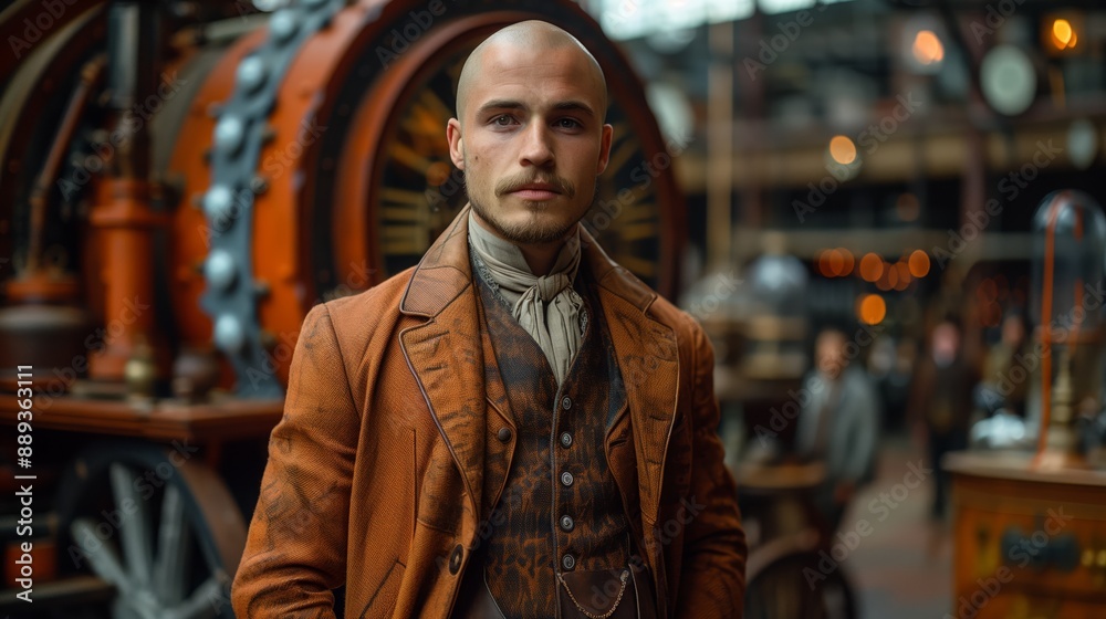 A bald man in a brown coat stands in a room with large machinery in the background. A bald man in a brown coat stands in a room with large machinery in the background.