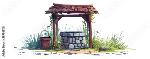 Rustic water well with wooden frame and bucket Vector flat minimalistic isolated illustration