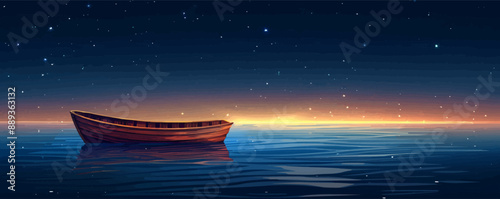 A quaint wooden rowboat bobbing on a peaceful river under a starry night sky. Vector flat minimalistic
