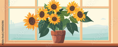 A group of cheerful sunflowers in a vase on a windowsill. Vector flat minimalistic isolated illustration.