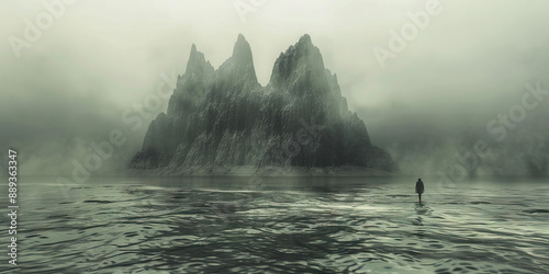 A mysterious, fog-shrouded island appearing on the horizon, beckoning with untold secrets photo