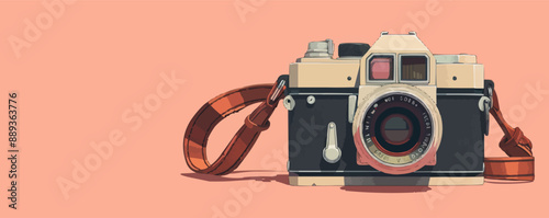 Vintage camera with leather strap Vector flat minimalistic