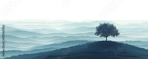 A solitary tree standing on a hilltop overlooking a vast landscape on a white background. Vector flat minimalistic isolated illustration.
