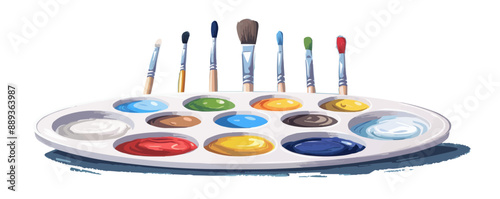 A palette of paints with brushes. Vector flat minimalistic isolated illustratio