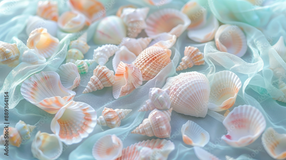 A close-up of tiny, delicate seashells in a variety of pastel colors, scattered across a piece of light blue cloth. A close-up of tiny, delicate seashells in a variety of pastel colors, scattered across a piece of light blue cloth.