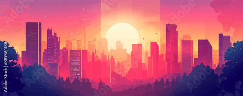 Abstract geometric cityscape at sunset, Vector flat minimalistic isolated illustration