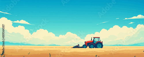 Tractor plowing a fertile field under a clear blue sky. Vector flat minimalistic isolated illustration.