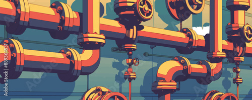Steam pipes and valves in a vintage industrial setting. Vector flat minimalistic isolated illustration.