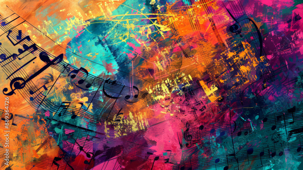 Fototapeta premium A vibrant abstract background featuring bold splashes of color and faint, intricate sheet music notes in a layered composition.