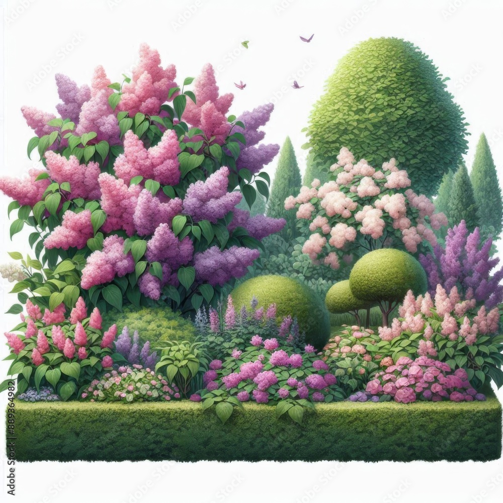 Lilacs and flowering shrub bed cut out for landscape design, including green plants and boxwood hedge Lilacs and flowering shrub bed cut out for landscape design, including green plants and boxwood hedge
